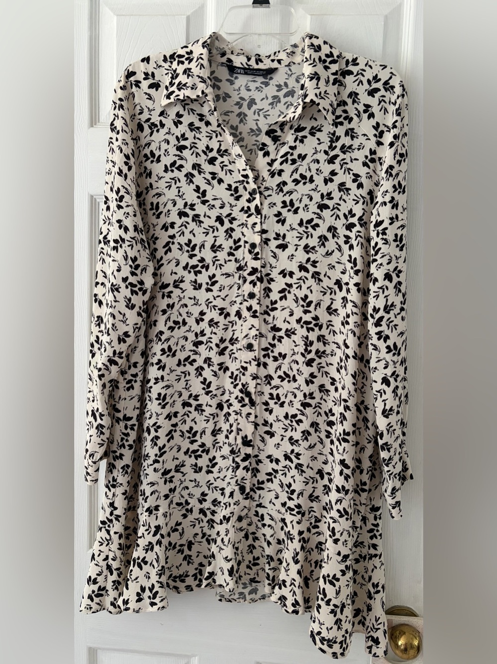 Zara Cream Shirt Dress with Black Leaf Pattern